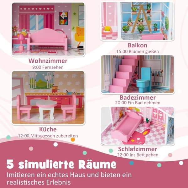 Dukkehus i tre med 3 etasjer og 10 møbler og 5 roms dukkehus, rosa