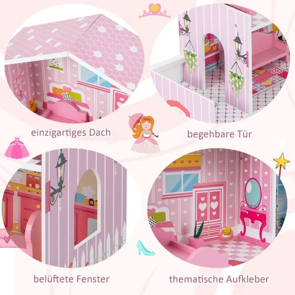 Dukkehus i tre med 3 etasjer og 10 møbler og 5 roms dukkehus, rosa