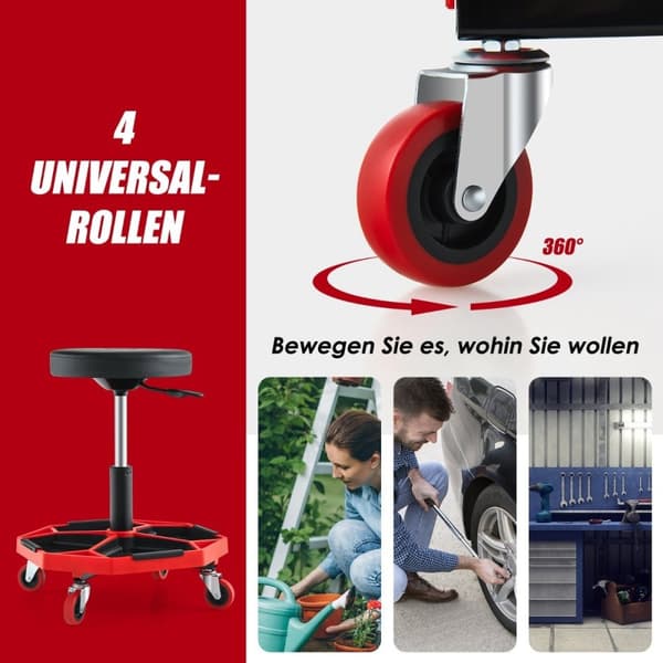Rullende værkstedssæde med hylde & 4 universalhjul, 150 kg bæreevne, højdejusterbar rød + sort