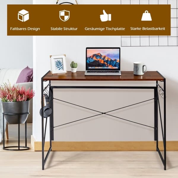 Fällbart datorbord, arbetsbord med metallram, laptopbord, rymmer upp till 115 kg, brunt, 100 x 50 x 75 cm