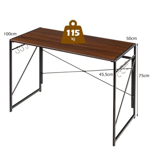 Fällbart datorbord, arbetsbord med metallram, laptopbord, rymmer upp till 115 kg, brunt, 100 x 50 x 75 cm