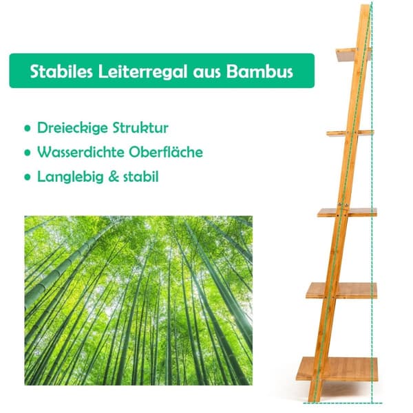 5-lags stigehylle laget av bambus smal bokhylle Stående hylle 43 x 35 x 165 cm Naturlig
