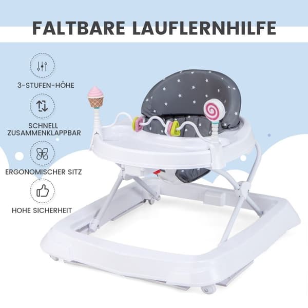 Fällbar gåstol med hjul, höjdjusterbar i 3 nivåer och avtagbar mjuk sittdyna, grå