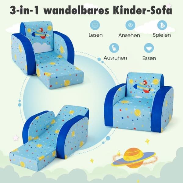 Mysig 3-i-1 konvertibel barnfåtölj hopfällbar barnsoffa 92 x 47 x 29 cm blå