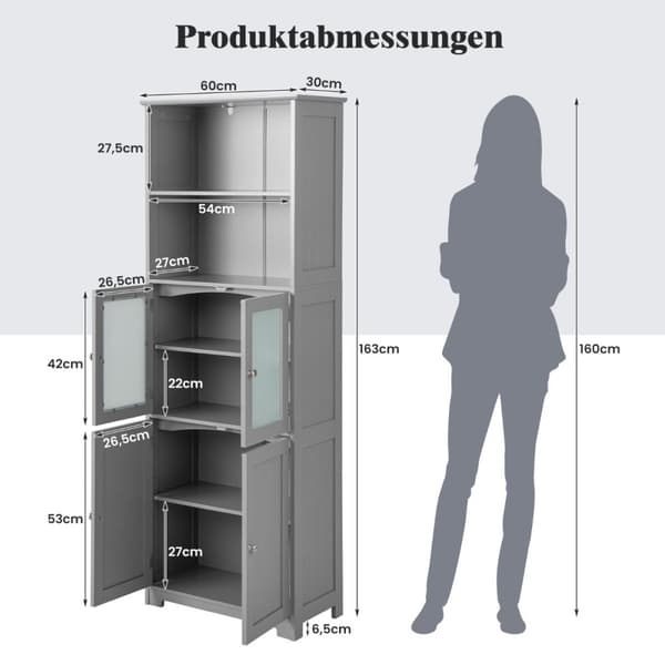 163 cm høyt baderomsskap Frittstående oppbevaringsskap med glassdører og justerbare hyller Grå