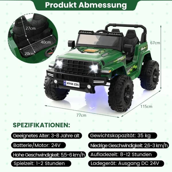 24V 2-sits elbil för barn med fjärrkontroll & musik & signalhorn & LED-lampor Barnbil grön