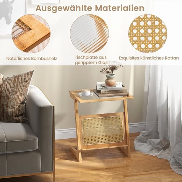 Bambus sidebord med rotting magasinholder & glassplate Z-formet sofabord sofabord