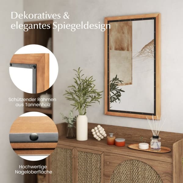 Rustik träspegel med rektangulär ram dekorativ hängande spegel 55 x 90 cm natur