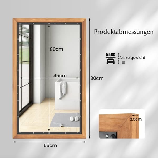 Rustik träspegel med rektangulär ram dekorativ hängande spegel 55 x 90 cm natur
