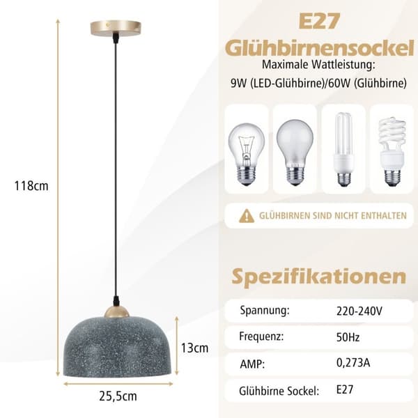 Taklampe med justerbar hengekabel & E27 bunnpendellampe grå hengelampe