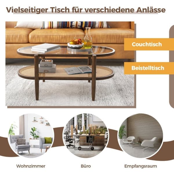 Sofabord sidebord med glasbordplade & rattanhylde 102 x 56 x 47 cm brun