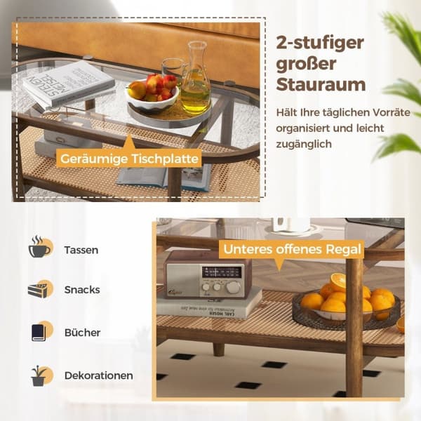 Sofabord sidebord med glasbordplade & rattanhylde 102 x 56 x 47 cm brun