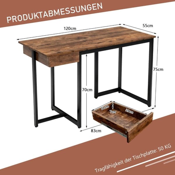120 cm pitkä tietokonepöytä laatikolla ja säädettävillä tyynyillä Tietokonepöytä maalaisruskea