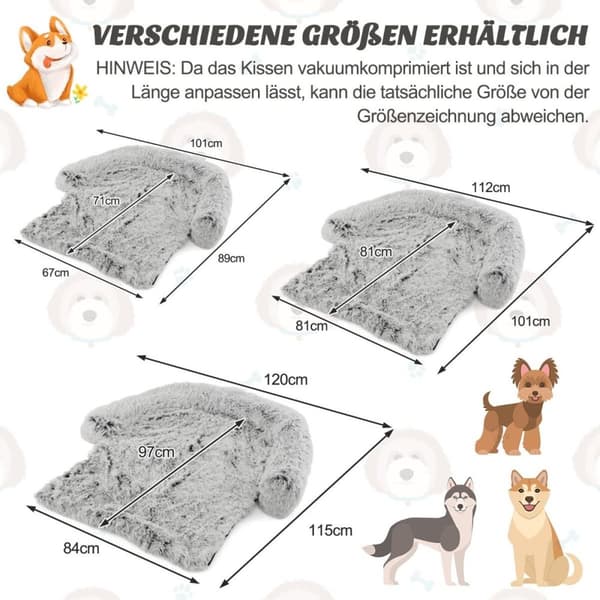 Plys seng til hunde med skridsikker bund, aftageligt vaskbart betræk og blød halsrulle, lille 101 x 89 cm, grå-hvid