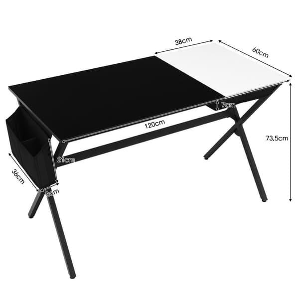 120 cm pitkä työpöytä kuutiolaatikolla ja sivutaskutietokonepöytä musta + valkoinen