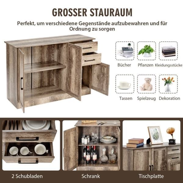 Fritstående buffetskab med 2 skuffer, 3 låger og 1 justerbar hylde grå