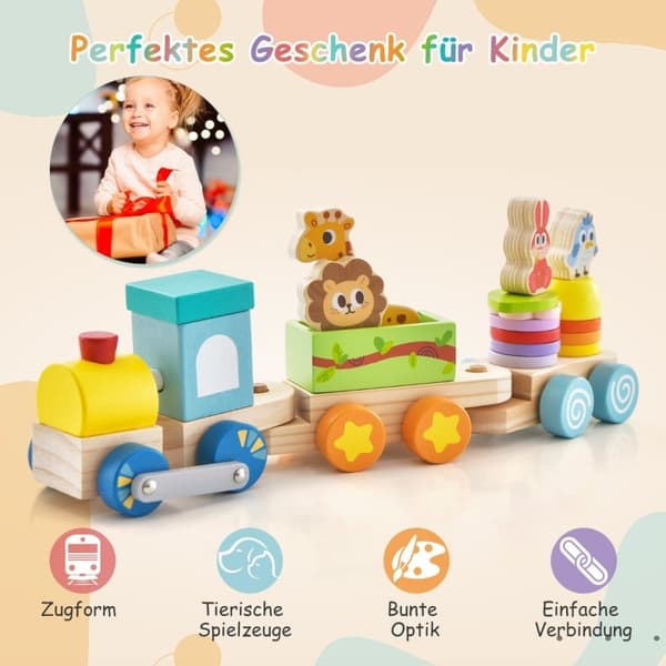 Stablebart tretogsett med fargerike dyrefigurer og morsomme trevogner for gutter og jenter fra 3 år og oppover