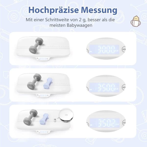 Højpræcisionsvægt til babyer og kæledyr med intelligent APP-kontrol, hold- og tarerfunktion, hvid