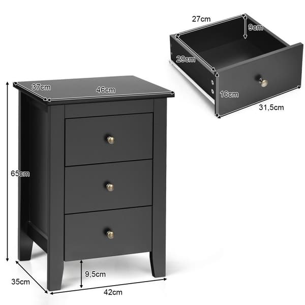 Sengebord med 3 skuffer natbord til boxmadrasser 46 x 37 x 65 cm sort
