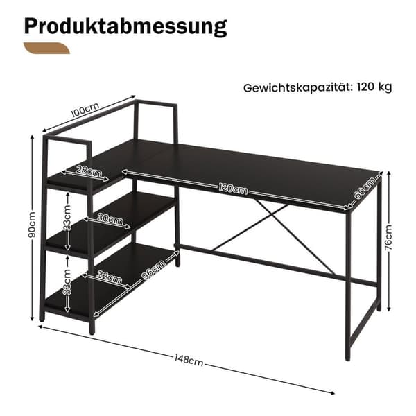 148 cm pitkä L-muotoinen tietokonepöytä avohyllyillä, tilaa säästävä pöytä moderniin työpisteeseen, musta