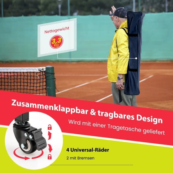 Kokoontaitettava tennispallokärry pyörillä Irrotettavat laukun sivutaskut ja kantolaukku Kannettava pallokärry, johon mahtuu 150 tennispalloa, punaine