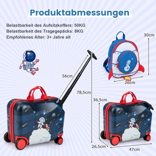 2-delt børnekuffert + rygsæk 47 cm lang ride-on kuffert og 30 cm bred rygsæk 12"+18" astronauter