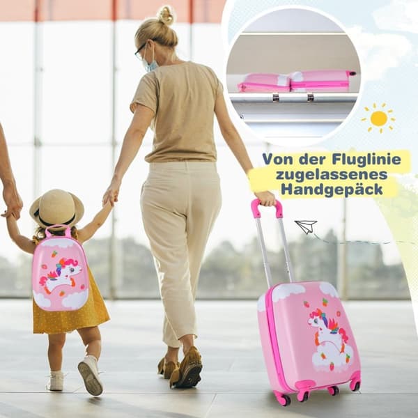 2-delt barnekoffert + ryggsekk laget av plast barnevogn barnebagasje 12"+16" rosa enhjørning