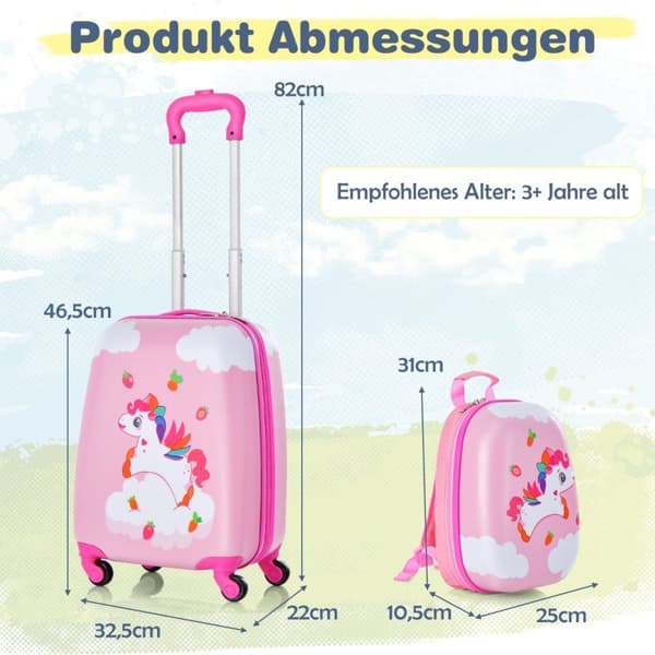 2-delt barnekoffert + ryggsekk laget av plast barnevogn barnebagasje 12"+16" rosa enhjørning