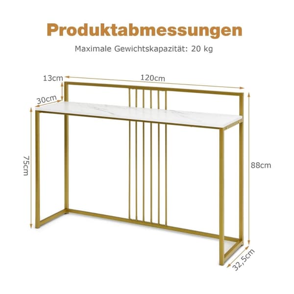 120 cm konsolipöytä marmorilla ja kultaisella metallirungolla Moderni eteisen pöytä valkoinen