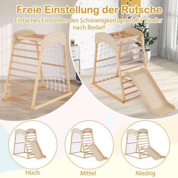 Klatrestativ innendørs 6 i 1 pull up bar & sklie & klatresteiner & klatrenett naturlig