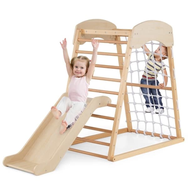 Klatrestativ innendørs 6 i 1 pull up bar & sklie & klatresteiner & klatrenett naturlig