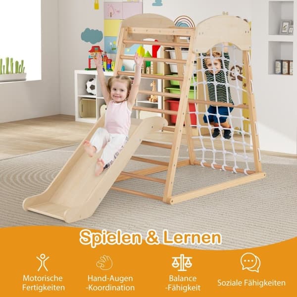 Klatrestativ innendørs 6 i 1 pull up bar & sklie & klatresteiner & klatrenett naturlig