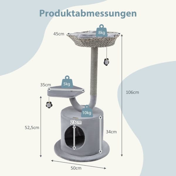 Sisätilojen raaputustolppa kaarevalla metallikehyksellä 3-tasoinen kissan aktiviteettikeskus, harmaa