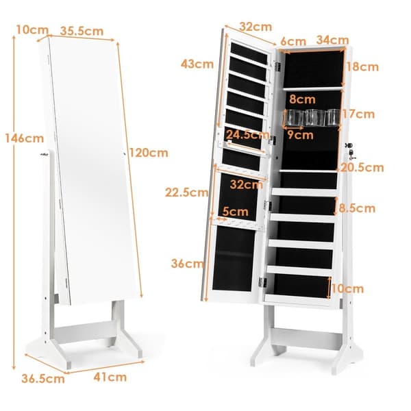 2 i 1 smyckesskåp med spegellåsbar smyckeskåp 41 x 36,5 x 146 cm vit