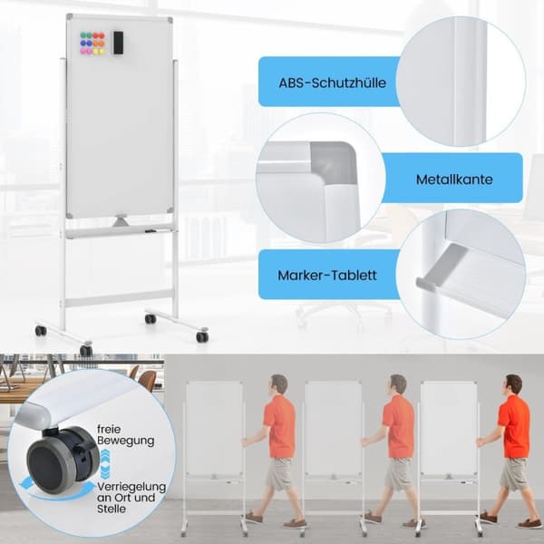 60 x 100 cm kaksipuolinen magneettinen valkotaulu pyörillä ja telineellä ja kynätarjottimella valkoinen