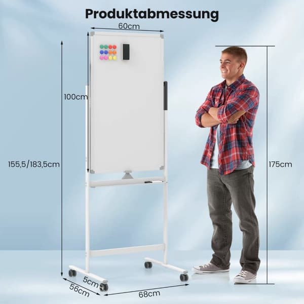 60 x 100 cm kaksipuolinen magneettinen valkotaulu pyörillä ja telineellä ja kynätarjottimella valkoinen