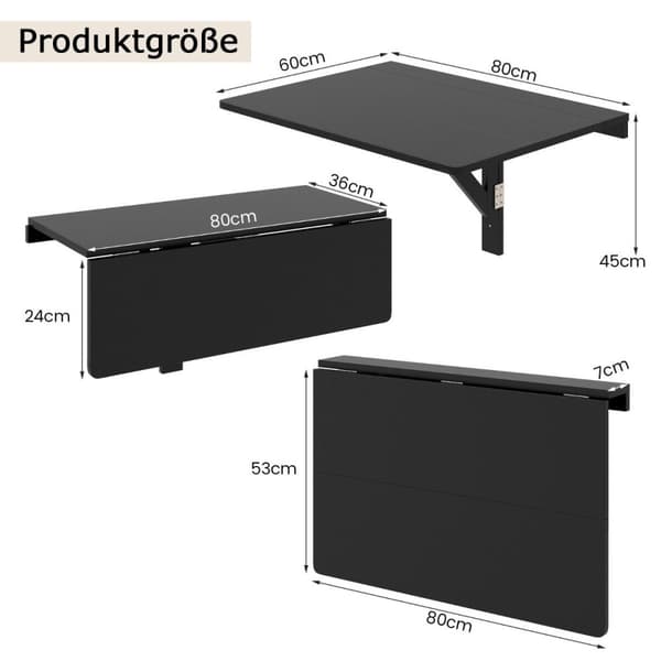 Vægmonteret Foldebord Pladsbesparende Køkkenbord Foldevægbord 80 x 60 cm Sort