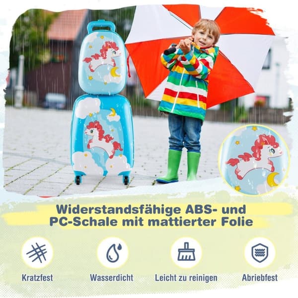 2-delad barnresväska + ryggsäck av plast barnvagn barnbagage 12"+16" blå häst