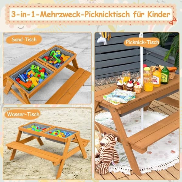 3-i-1 utomhus picknickbord vatten & sand bord med spellådor & paraply natur och vit