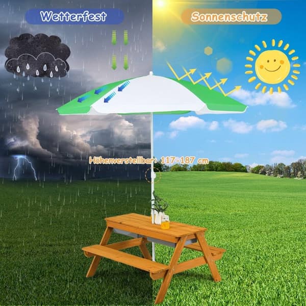 3-i-1 utomhus picknickbord vatten & sand bord med spellådor & paraply natur och vit