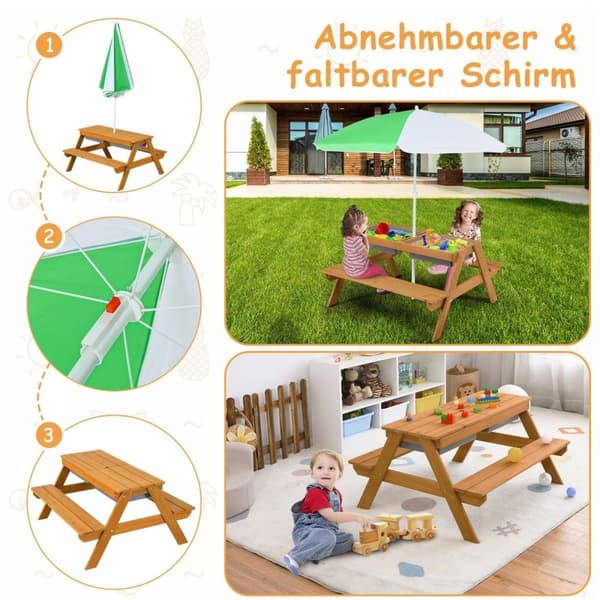 3-i-1 utomhus picknickbord vatten & sand bord med spellådor & paraply natur och vit