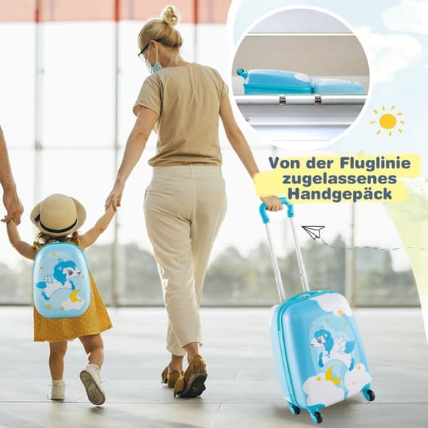 2-delad barnresväska + ryggsäck av plast barnvagn barnbagage 12" + 16" blå enhörning