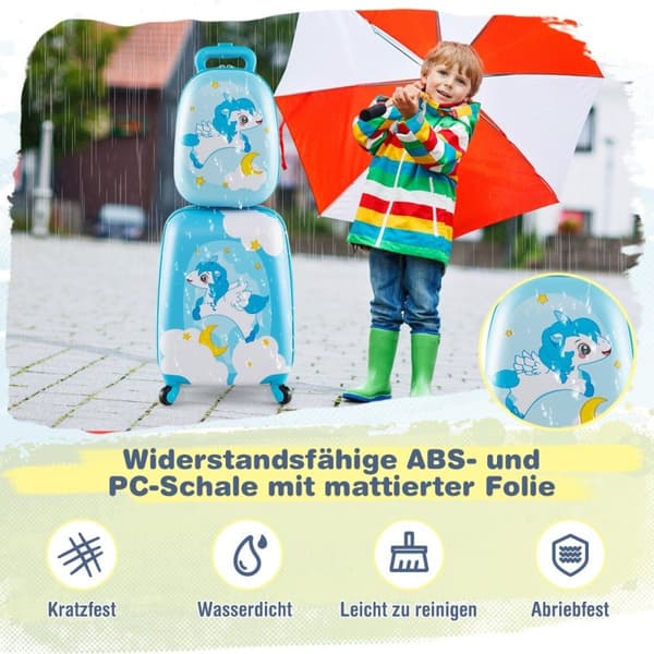 2-delad barnresväska + ryggsäck av plast barnvagn barnbagage 12" + 16" blå enhörning