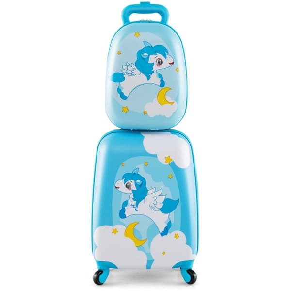 2-delad barnresväska + ryggsäck av plast barnvagn barnbagage 12" + 16" blå enhörning