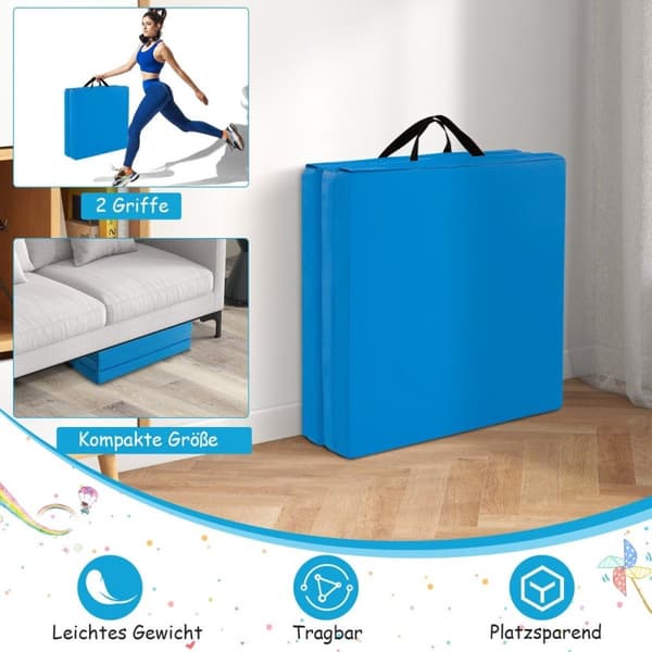 Vikbar mjuk golvmatta med 2 handtag Halkfri gymnastikmatta 180 x 60 x 5 cm Blå