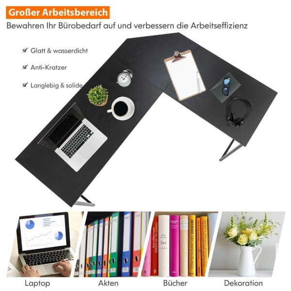 L-formet skrivebord med rundt hjørne moderne datamaskinbord 148 × 120 × 75 cm svart