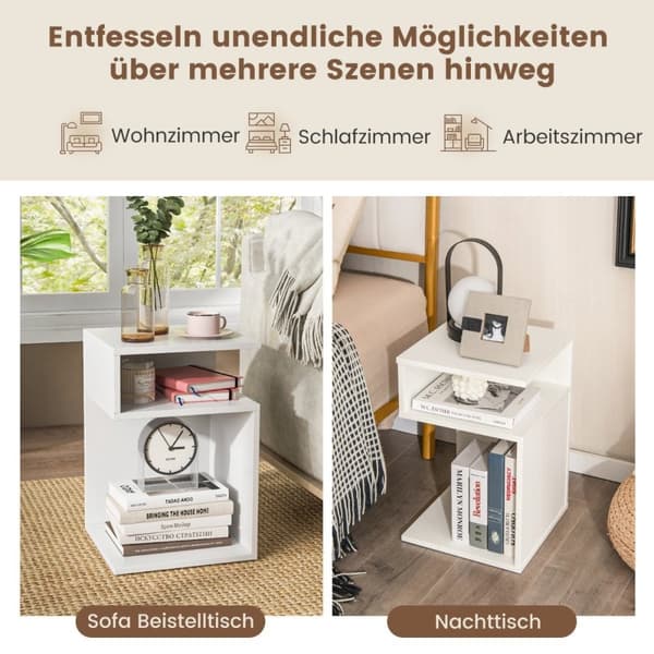 S-formet sidebord med 2 åbne rum moderne sengebord 33 x 33 x 50 cm hvid