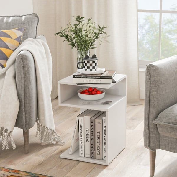 S-formet sidebord med 2 åbne rum moderne sengebord 33 x 33 x 50 cm hvid