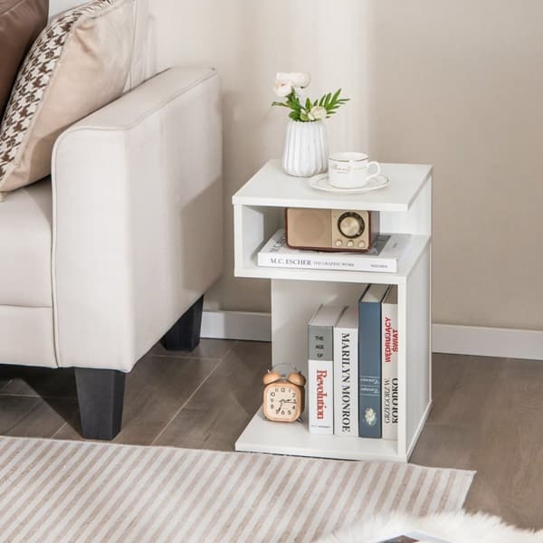 S-formet sidebord med 2 åbne rum moderne sengebord 33 x 33 x 50 cm hvid