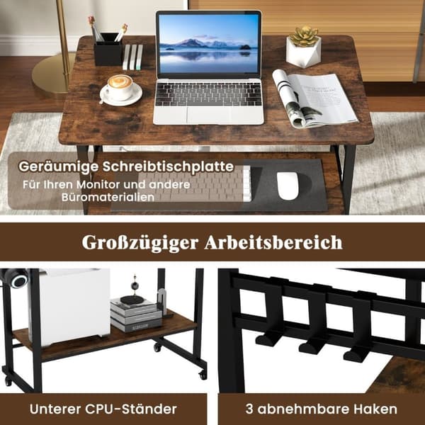 Pöytä pyörillä ja näppäimistöhyllyllä ja alahyllyllä ja koukut tietokonepöytä ruskea